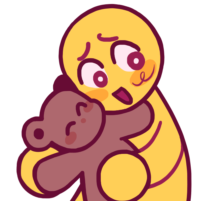  A yellow figure with an open mouth, wide eyes and smile hugging a brown teddy bear. 